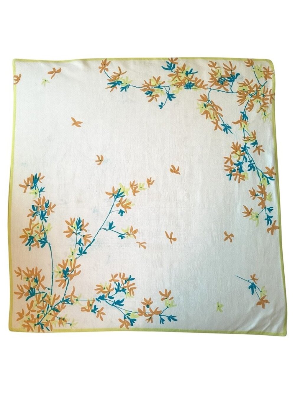 VTG Vera Neumann Scarf 100% Silk Wild Flowers Hand Rolled Edge Green Blue 28x28”